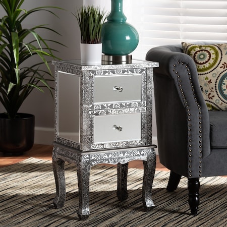 BAXTON STUDIO Wycliff Industrial Glam and Luxe Silver Finished Metal and Mirrored Glass 2Drawer Nightstand 212-12006-ZORO